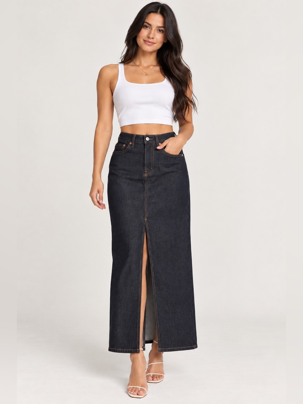 Levis High-Rise Dark Wash Maxi Denim Skirt with Front Slit - navy jean NWT